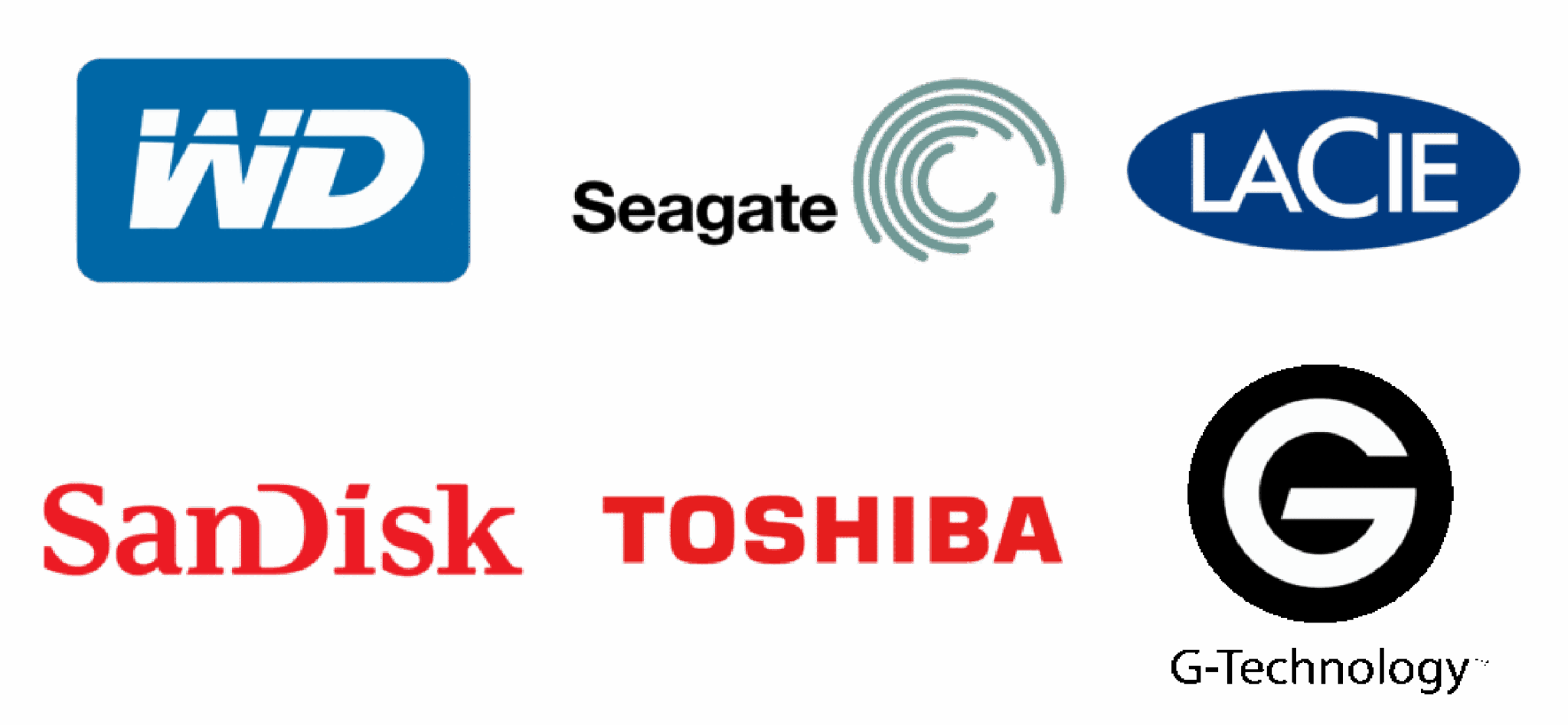 Logos of brands we service including WD, Seagate, LaCie, SanDisk, Toshiba, and G-Technology